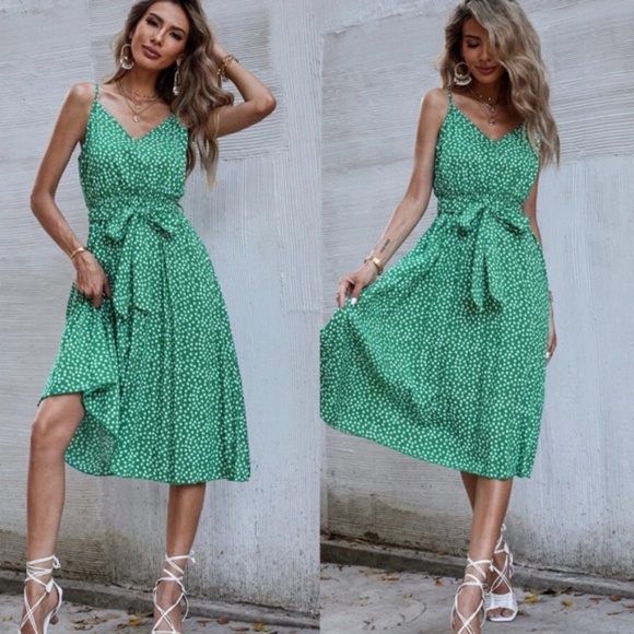 Boho Polka Dot Belted V neck Cami Dress Yellow - Picture 4 of 12